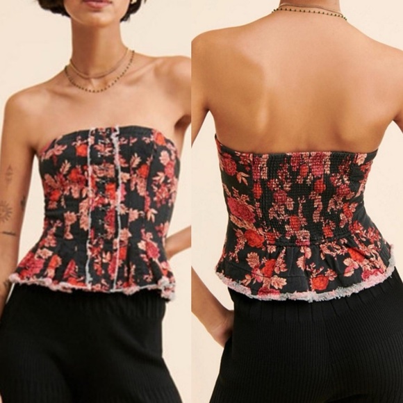 Free People Black and Red Floral Smocked Corset Top - Picture 7 of 7